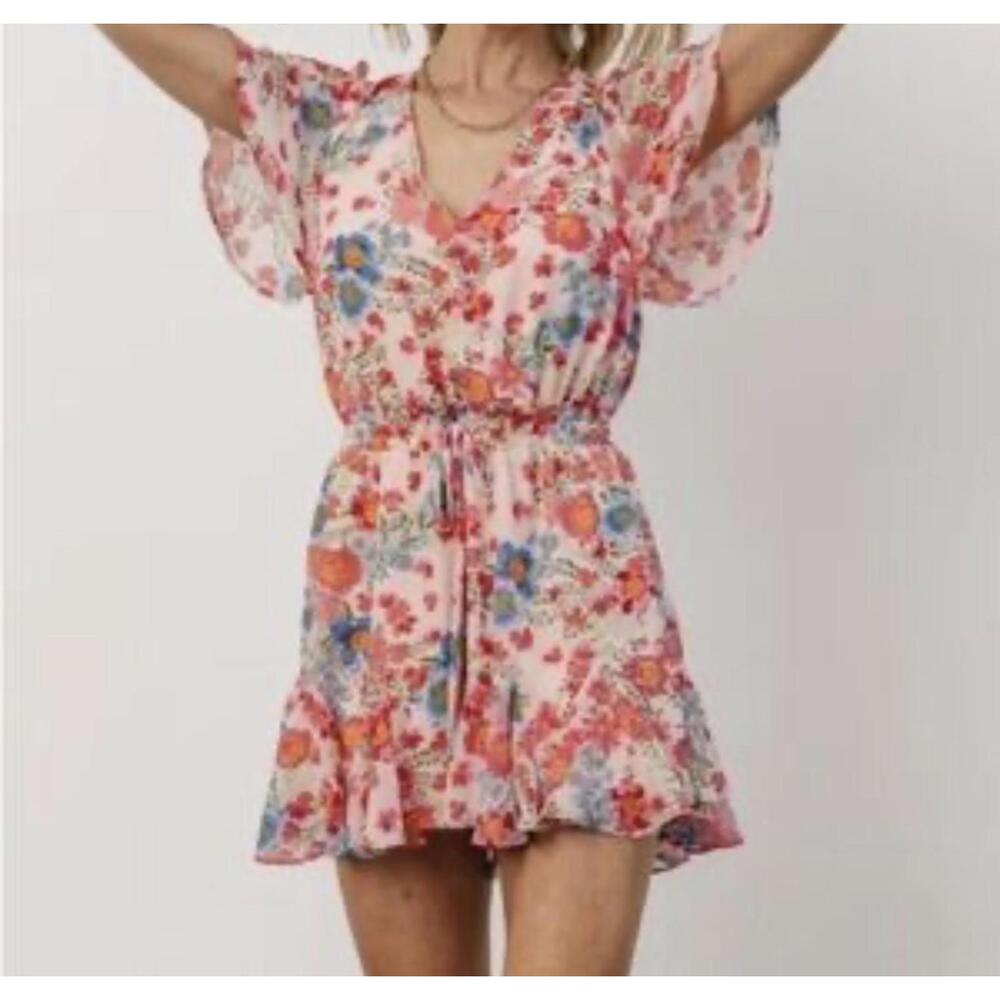 Sugarlips Pink Floral V-Neck Drawstring Waist Romper